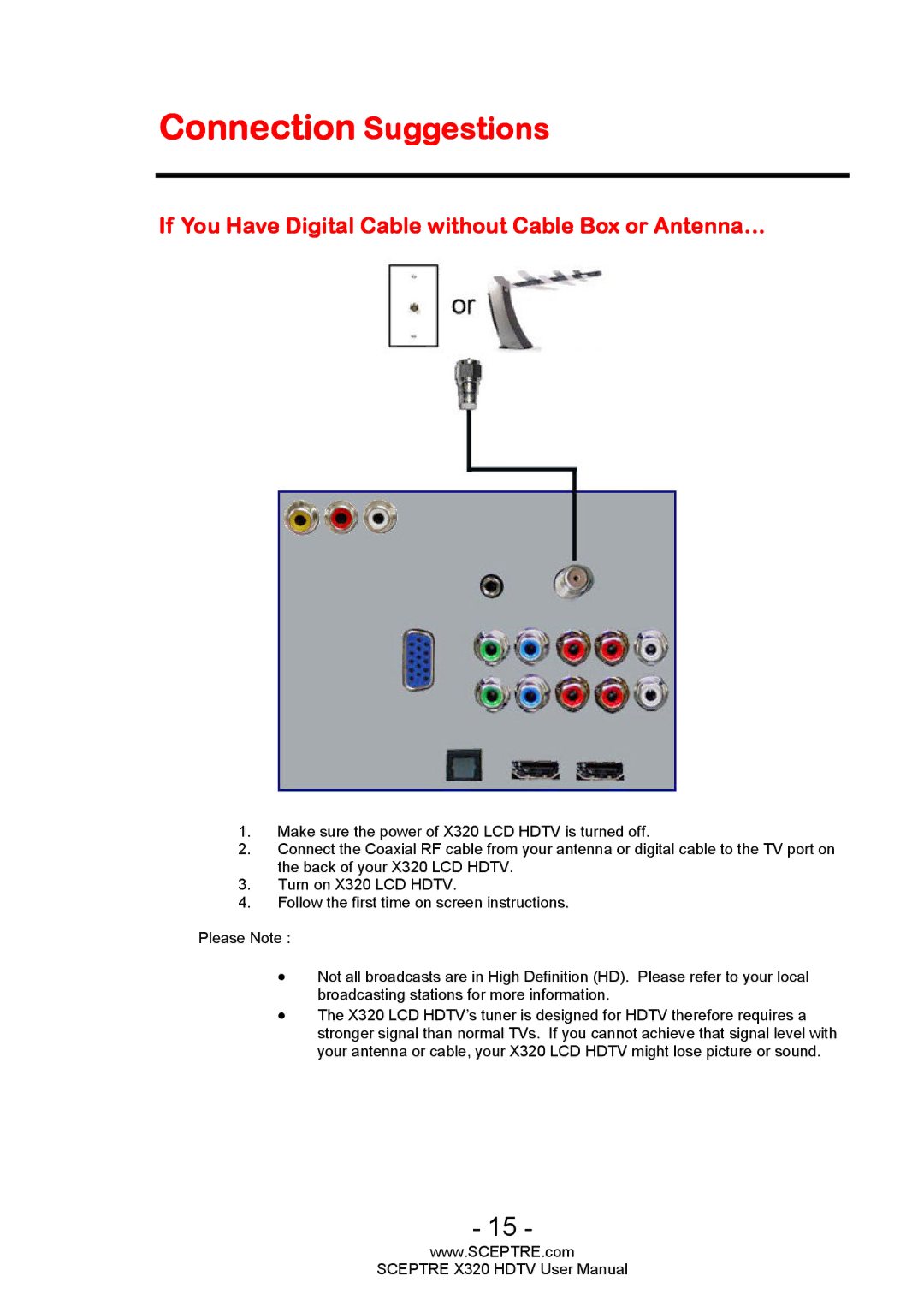 Sceptre Technologies X320 user manual Connection Suggestions, If You Have Digital Cable without Cable Box or Antenna… 