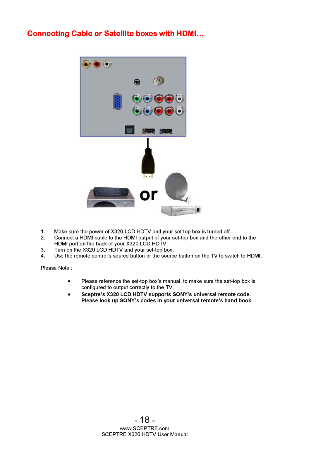 Sceptre Technologies X320 user manual Connecting Cable or Satellite boxes with HDMI… 