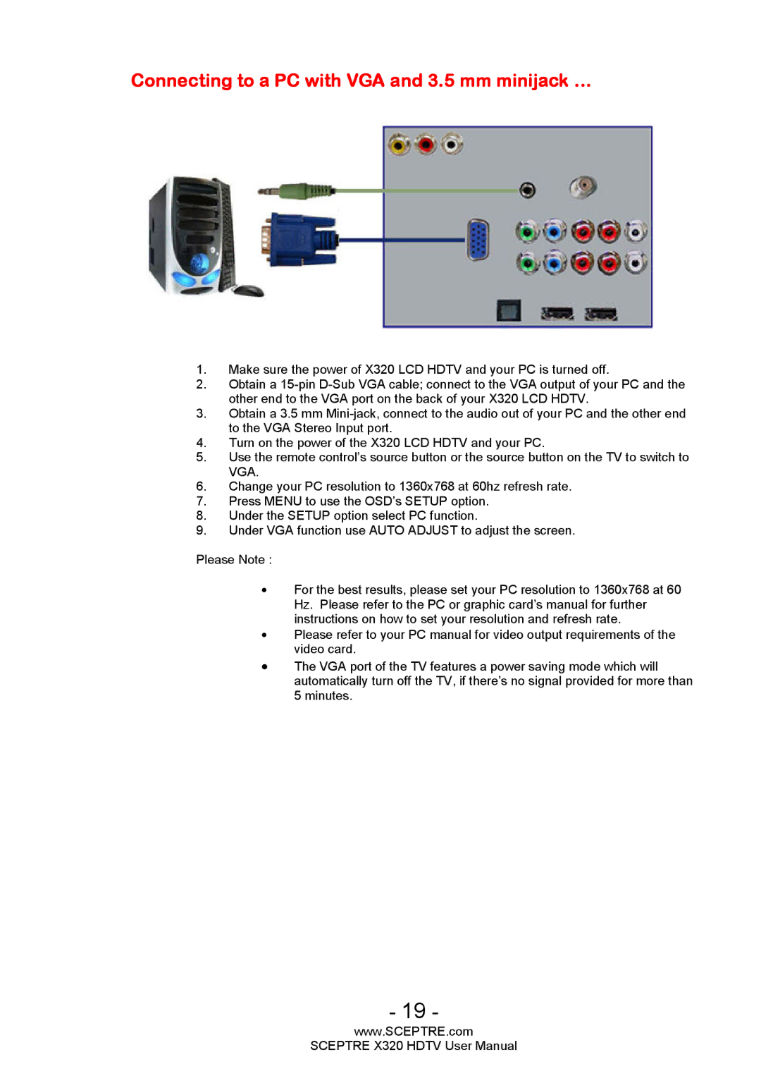 Sceptre Technologies X320 user manual Connecting to a PC with VGA and 3.5 mm minijack … 