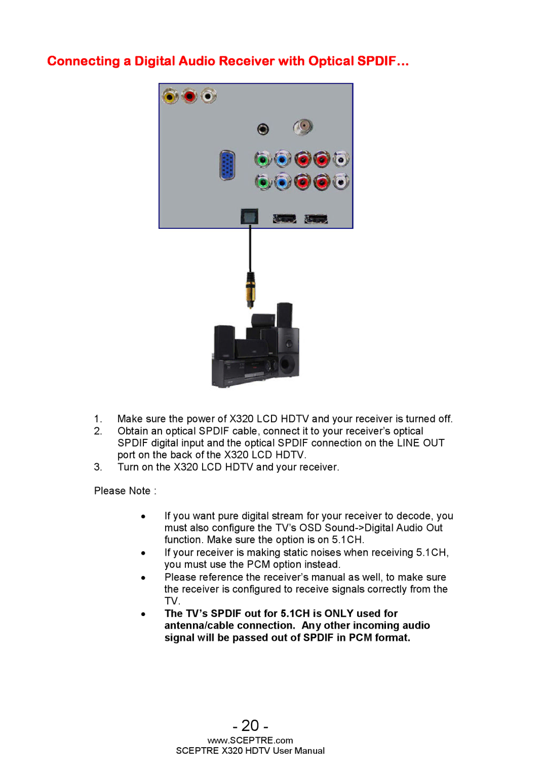 Sceptre Technologies X320 user manual Connecting a Digital Audio Receiver with Optical SPDIF… 