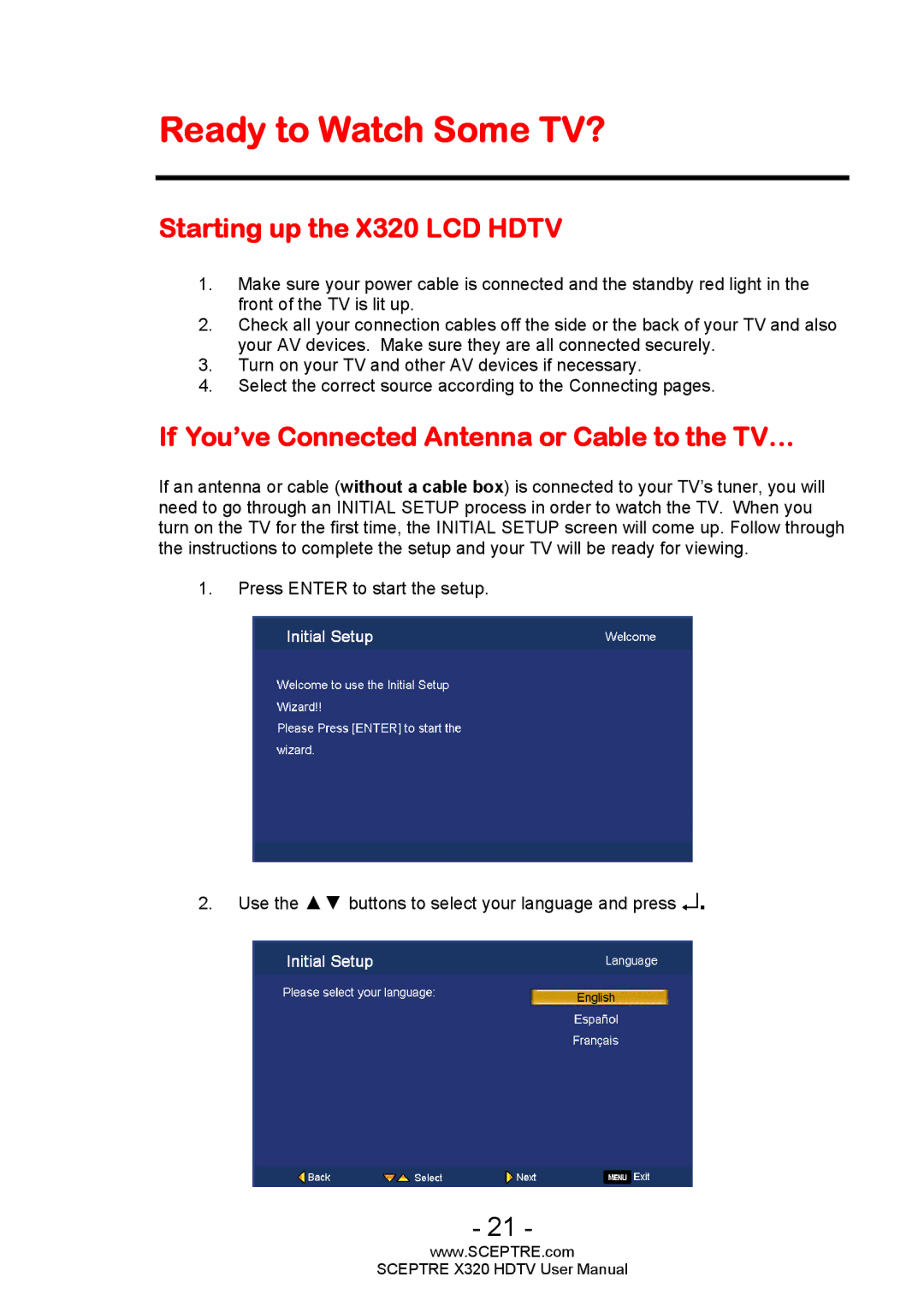 Sceptre Technologies user manual Ready to Watch Some TV?, Starting up the X320 LCD Hdtv 