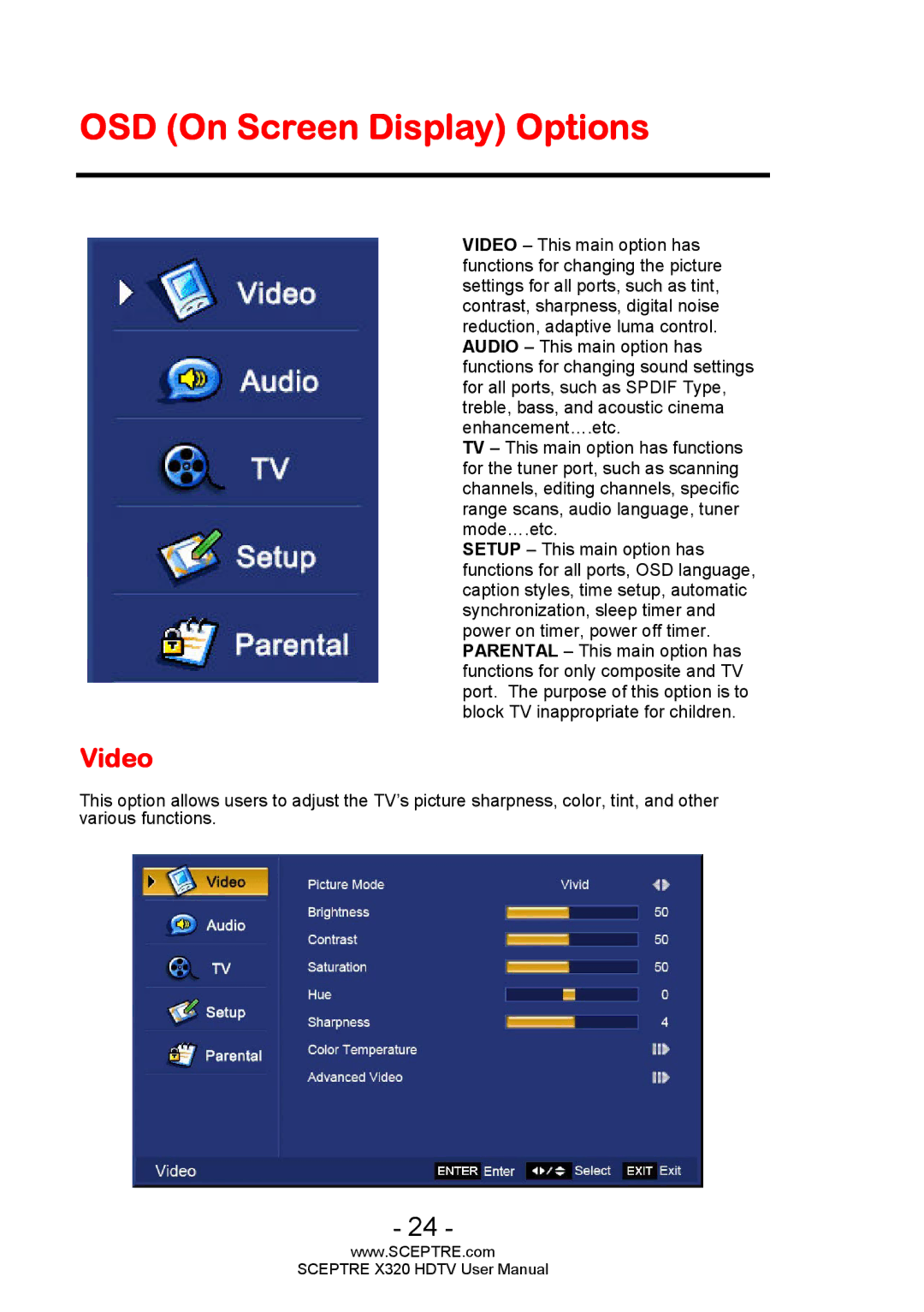 Sceptre Technologies X320 user manual OSD On Screen Display Options, Video 