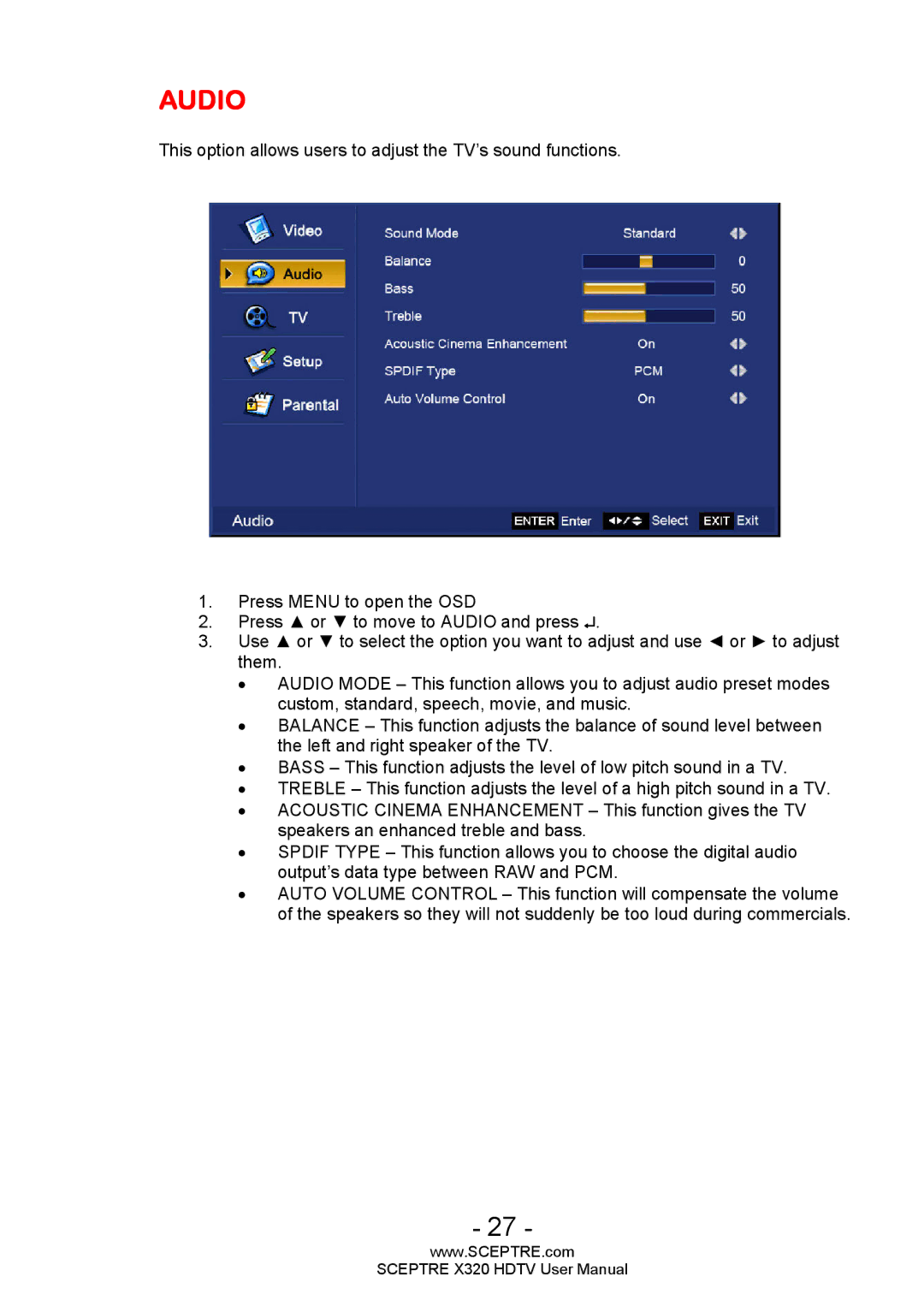 Sceptre Technologies X320 user manual Audio 