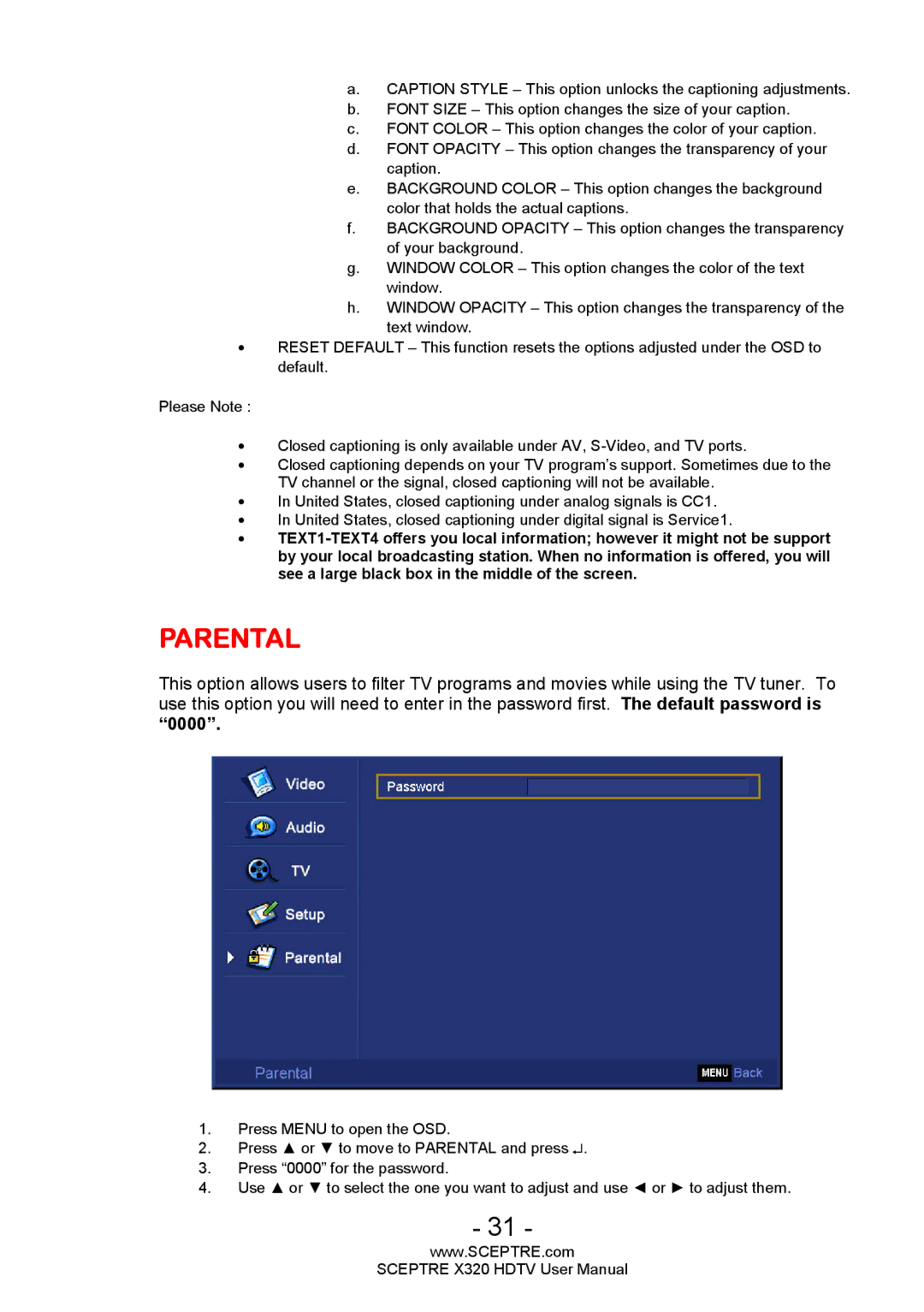 Sceptre Technologies X320 user manual Parental 