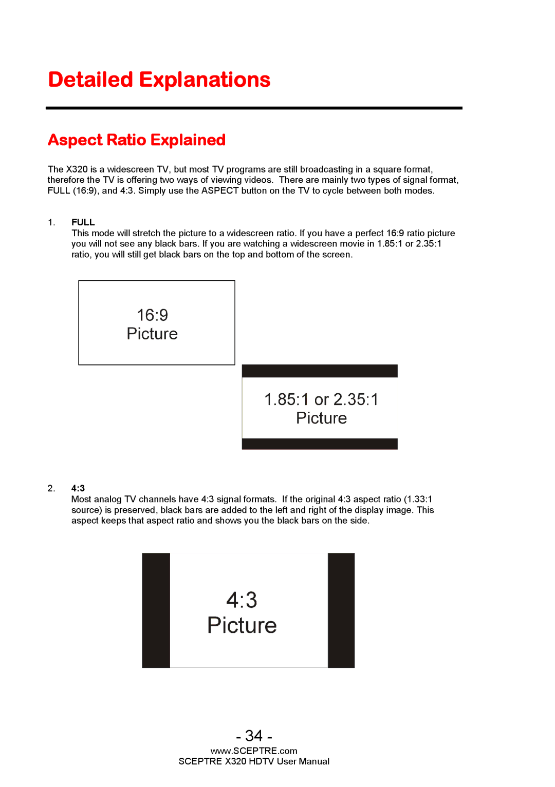 Sceptre Technologies X320 user manual Detailed Explanations, Aspect Ratio Explained 