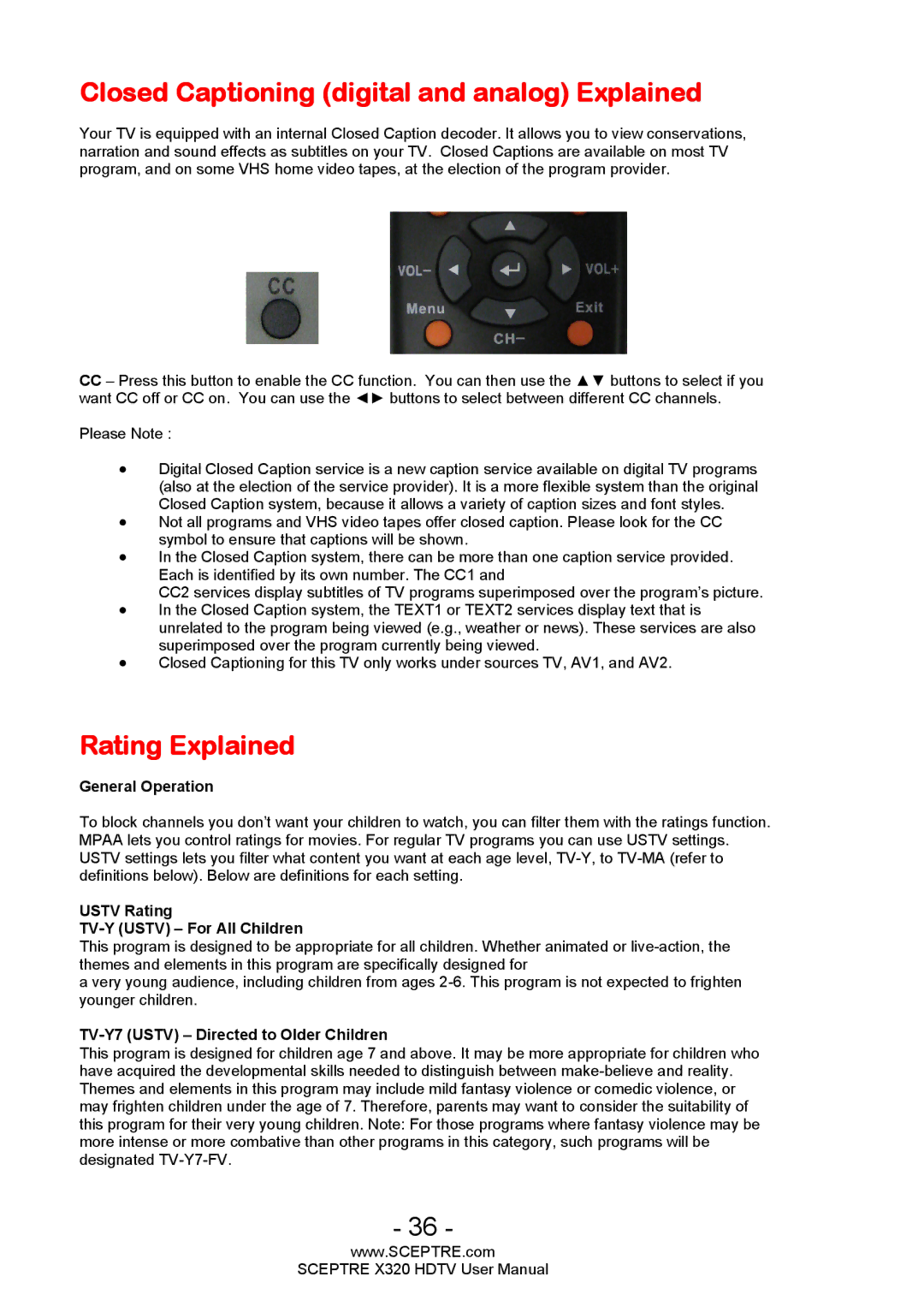 Sceptre Technologies X320 user manual Closed Captioning digital and analog Explained, Rating Explained 