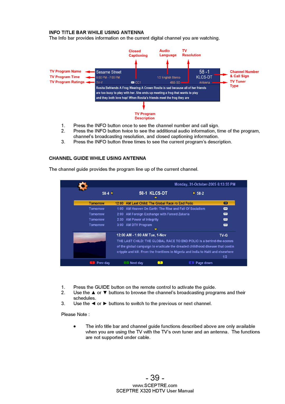 Sceptre Technologies X320 user manual Info Title BAR While Using Antenna 