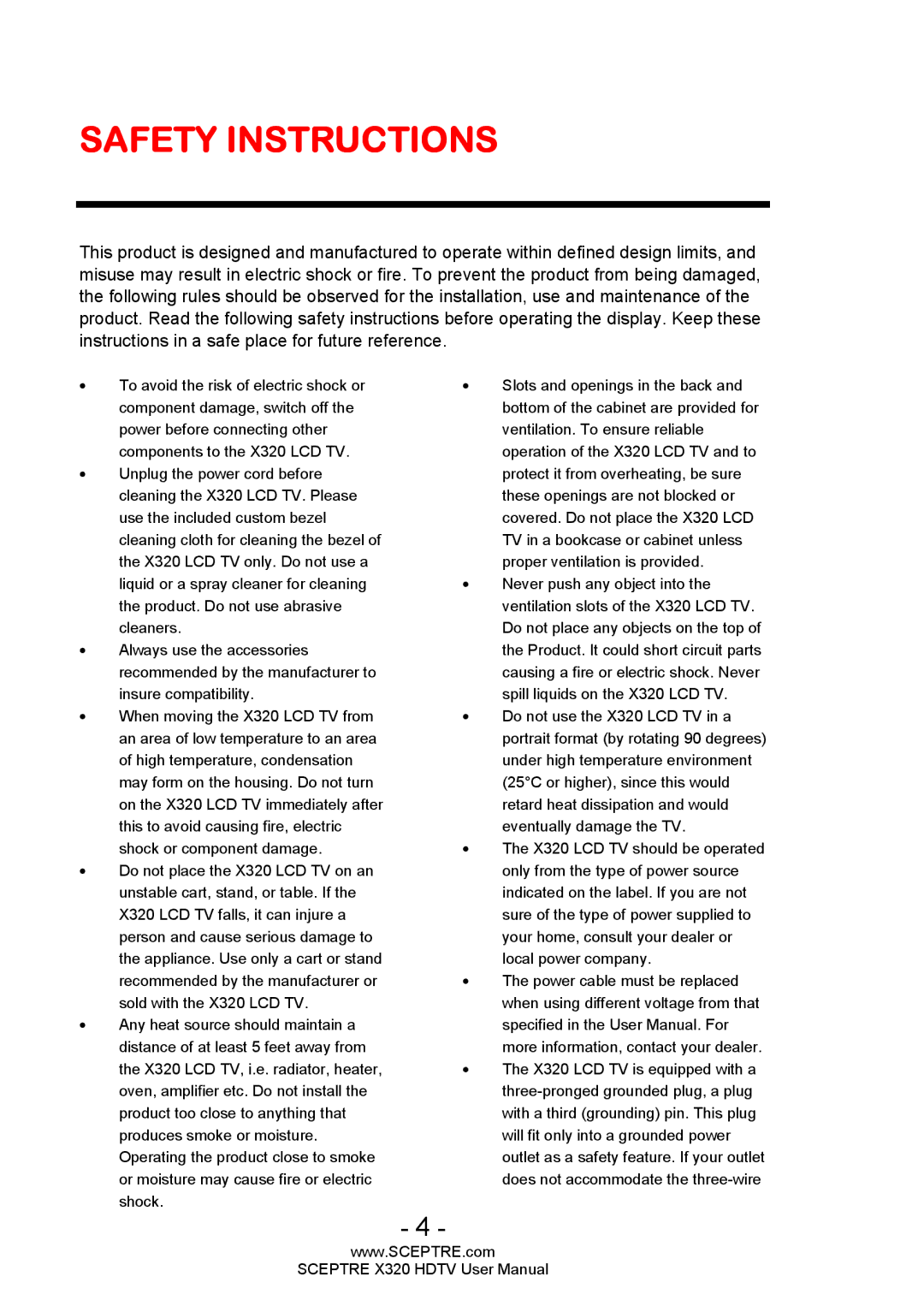 Sceptre Technologies X320 user manual Safety Instructions 