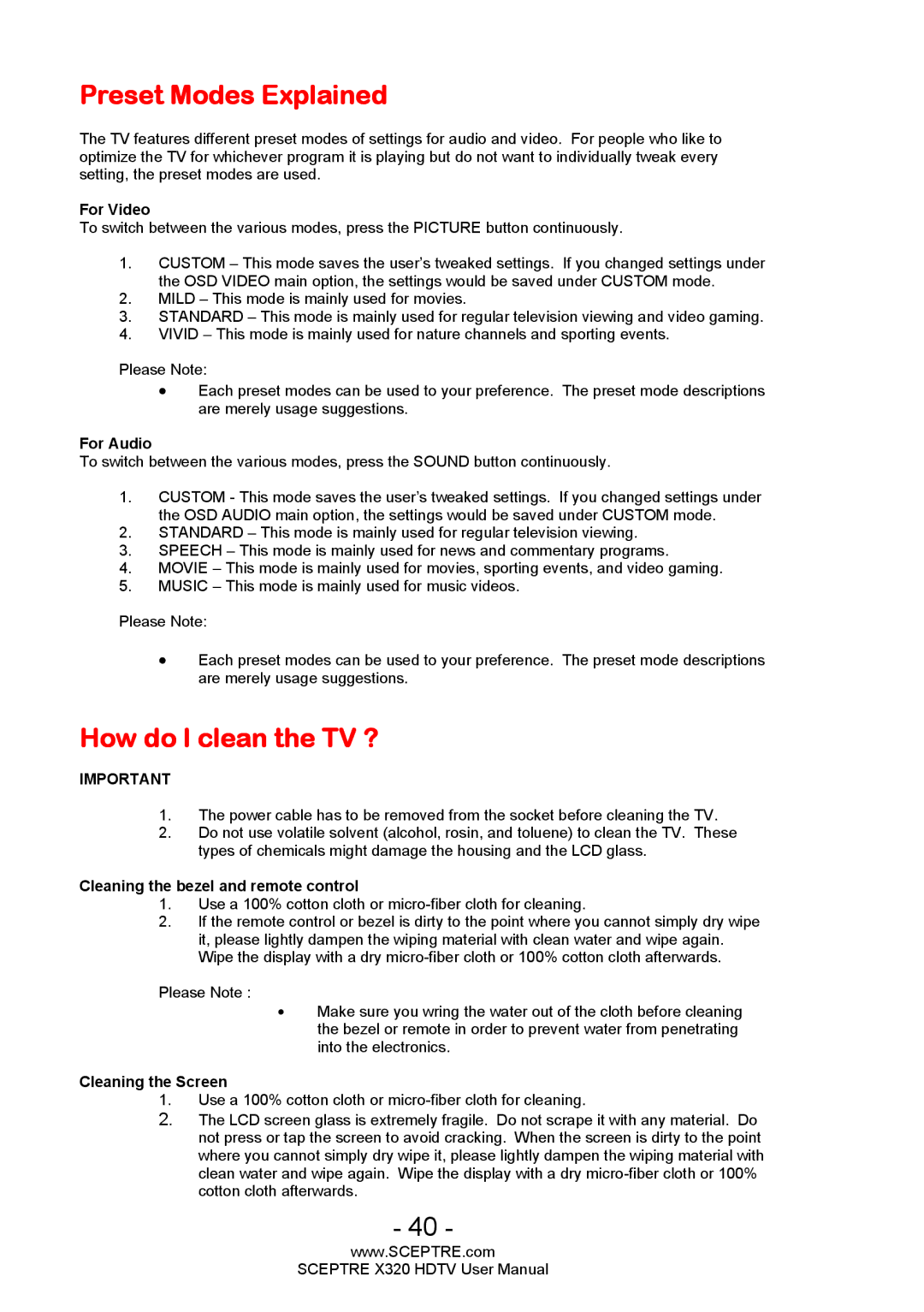 Sceptre Technologies X320 user manual Preset Modes Explained, How do I clean the TV ? 