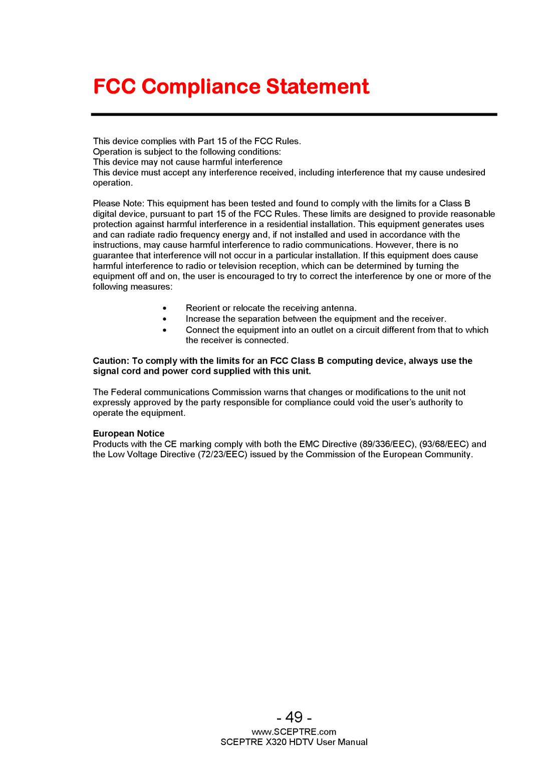 Sceptre Technologies X320 user manual FCC Compliance Statement 