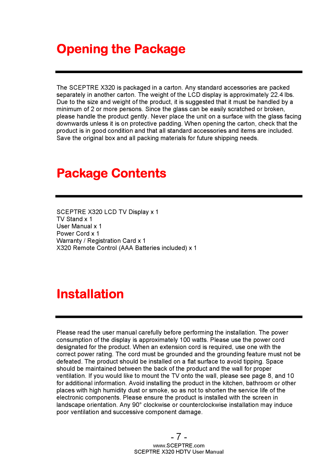 Sceptre Technologies X320 user manual Opening the Package, Package Contents, Installation 