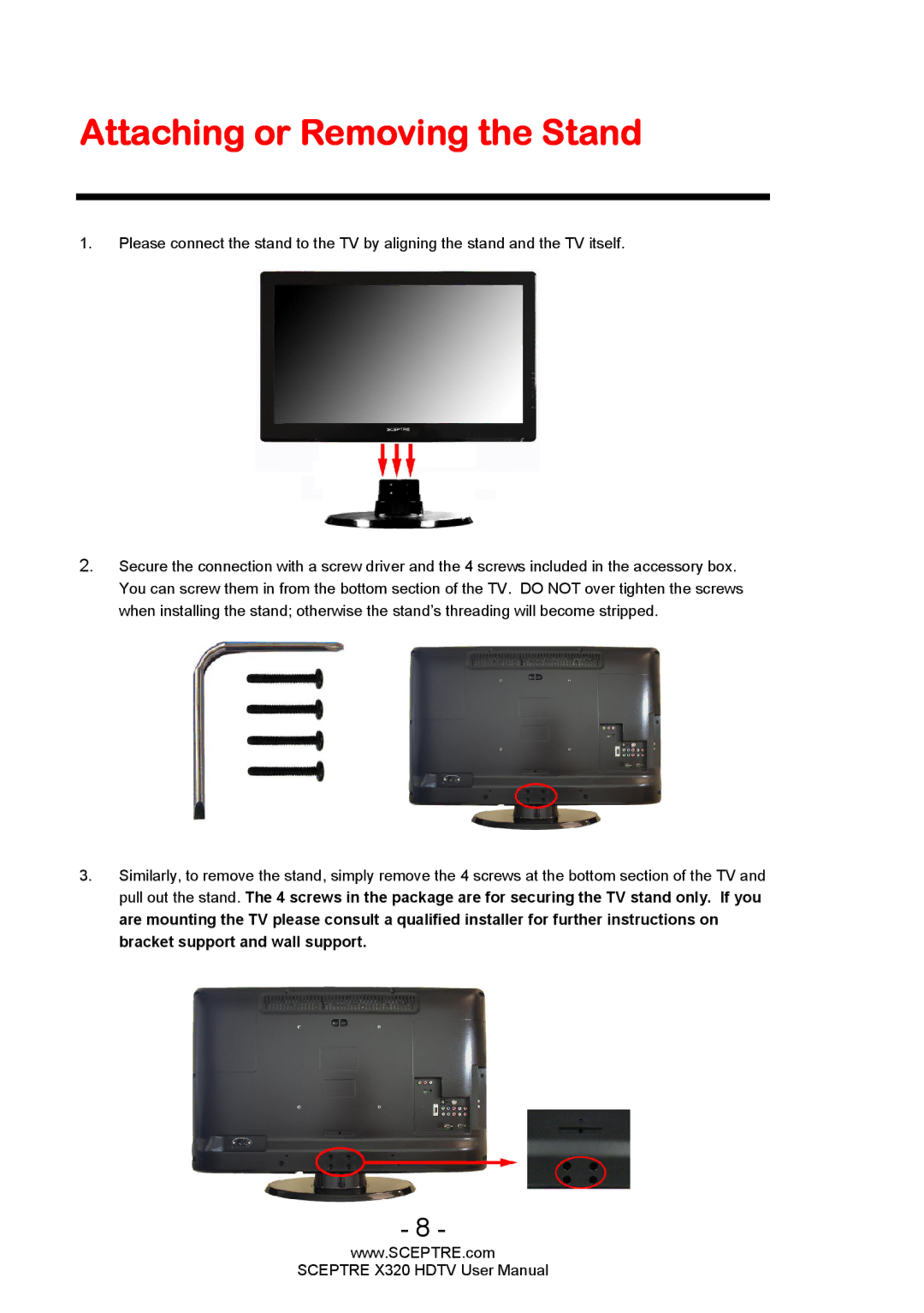 Sceptre Technologies X320 user manual Attaching or Removing the Stand 