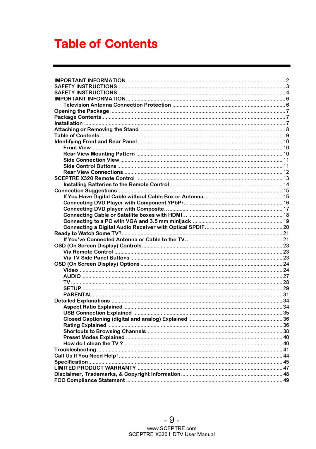 Sceptre Technologies X320 user manual Table of Contents 