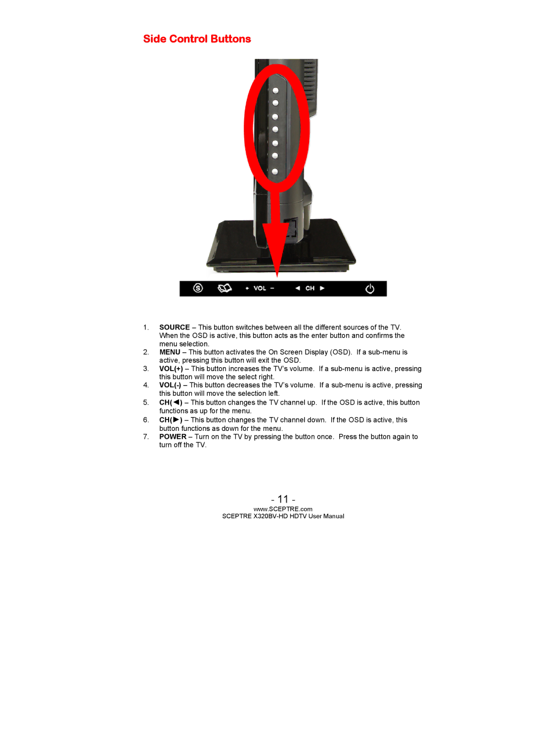 Sceptre Technologies X320BV-HD user manual Side Control Buttons 