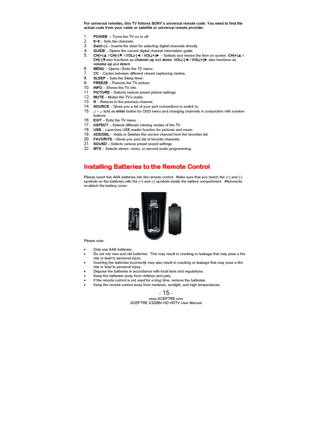 Sceptre Technologies X320BV-HD user manual Installing Batteries to the Remote Control 