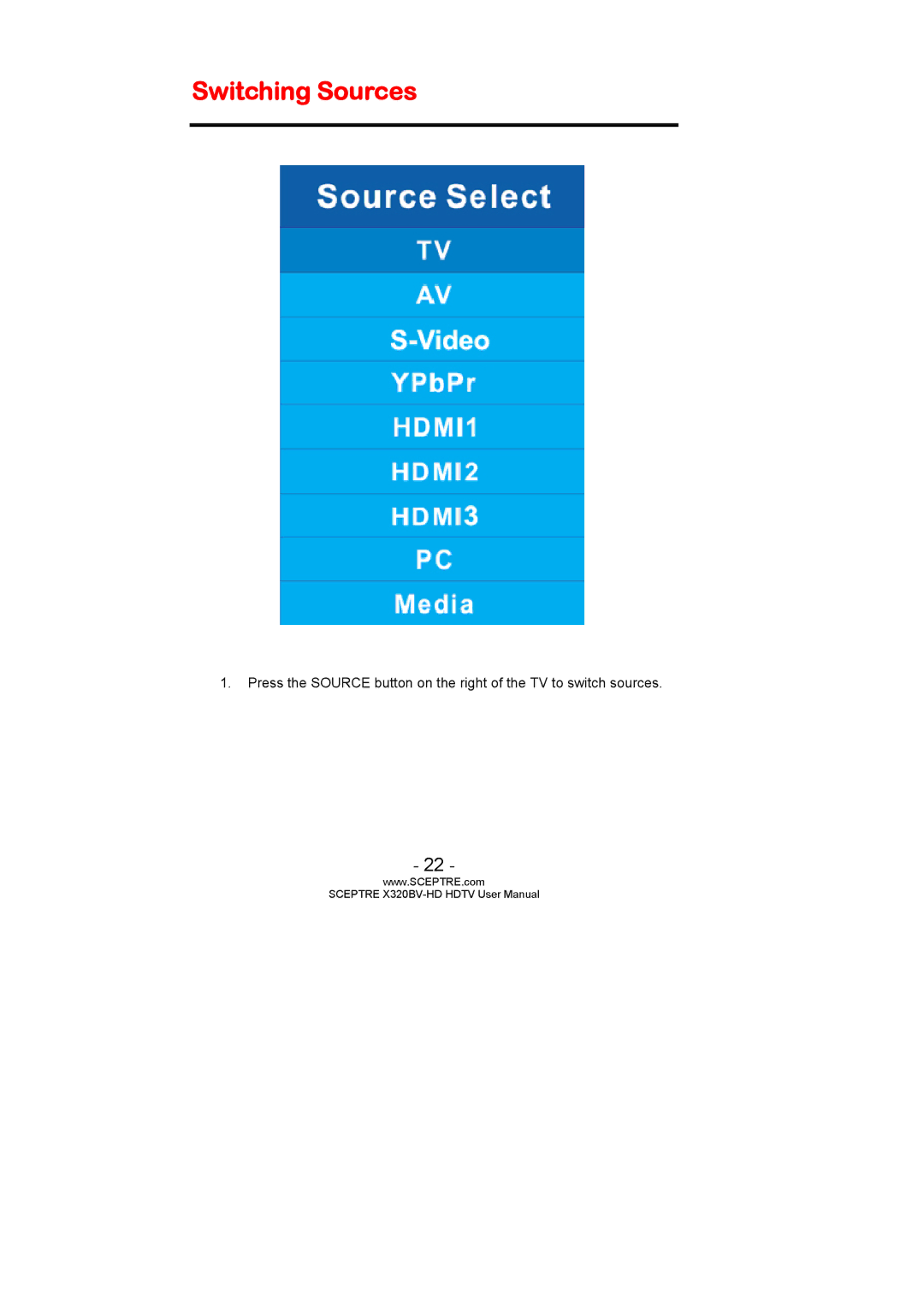 Sceptre Technologies X320BV-HD user manual Switching Sources 