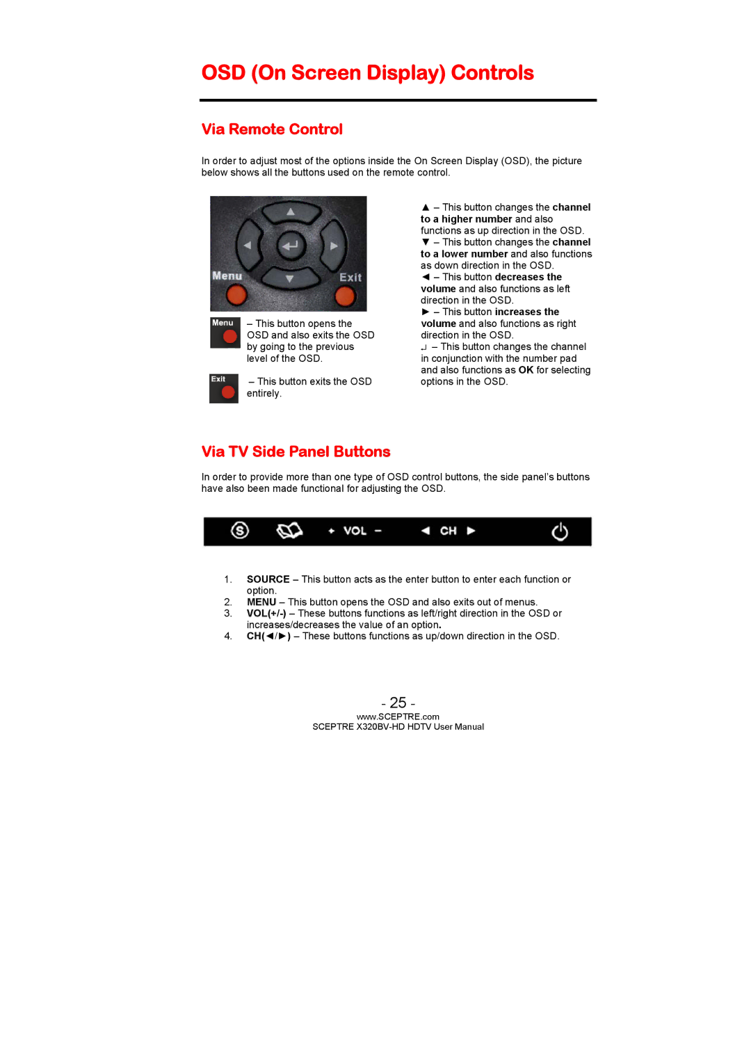 Sceptre Technologies X320BV-HD user manual OSD On Screen Display Controls, Via Remote Control, Via TV Side Panel Buttons 