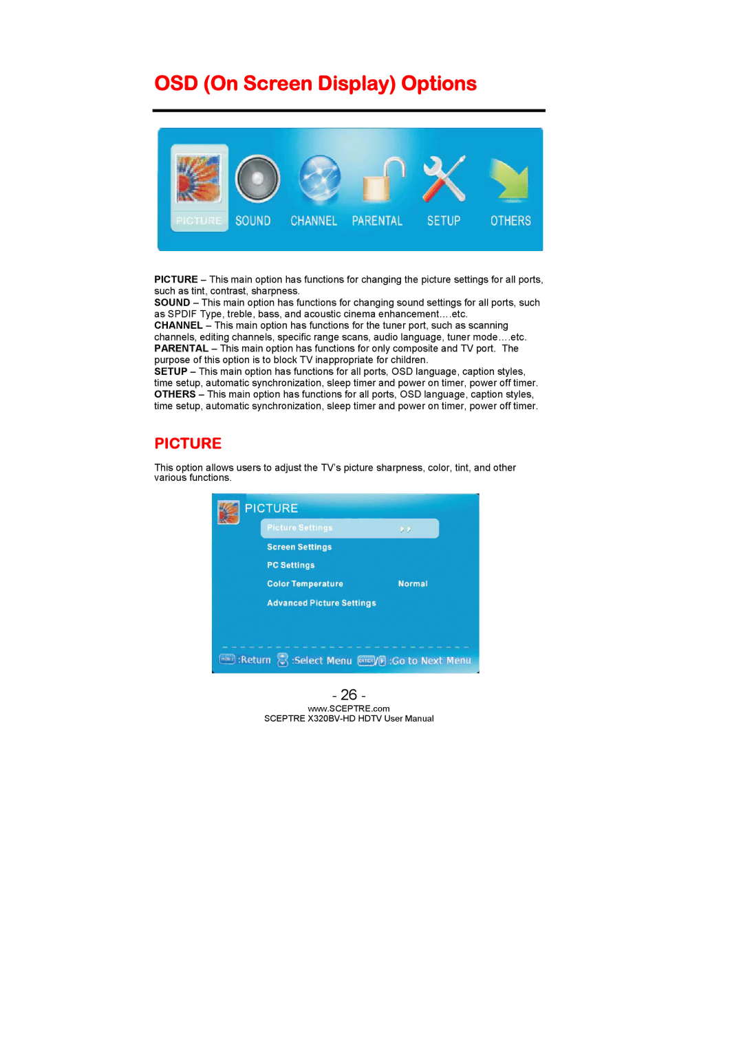 Sceptre Technologies X320BV-HD user manual OSD On Screen Display Options, Picture 