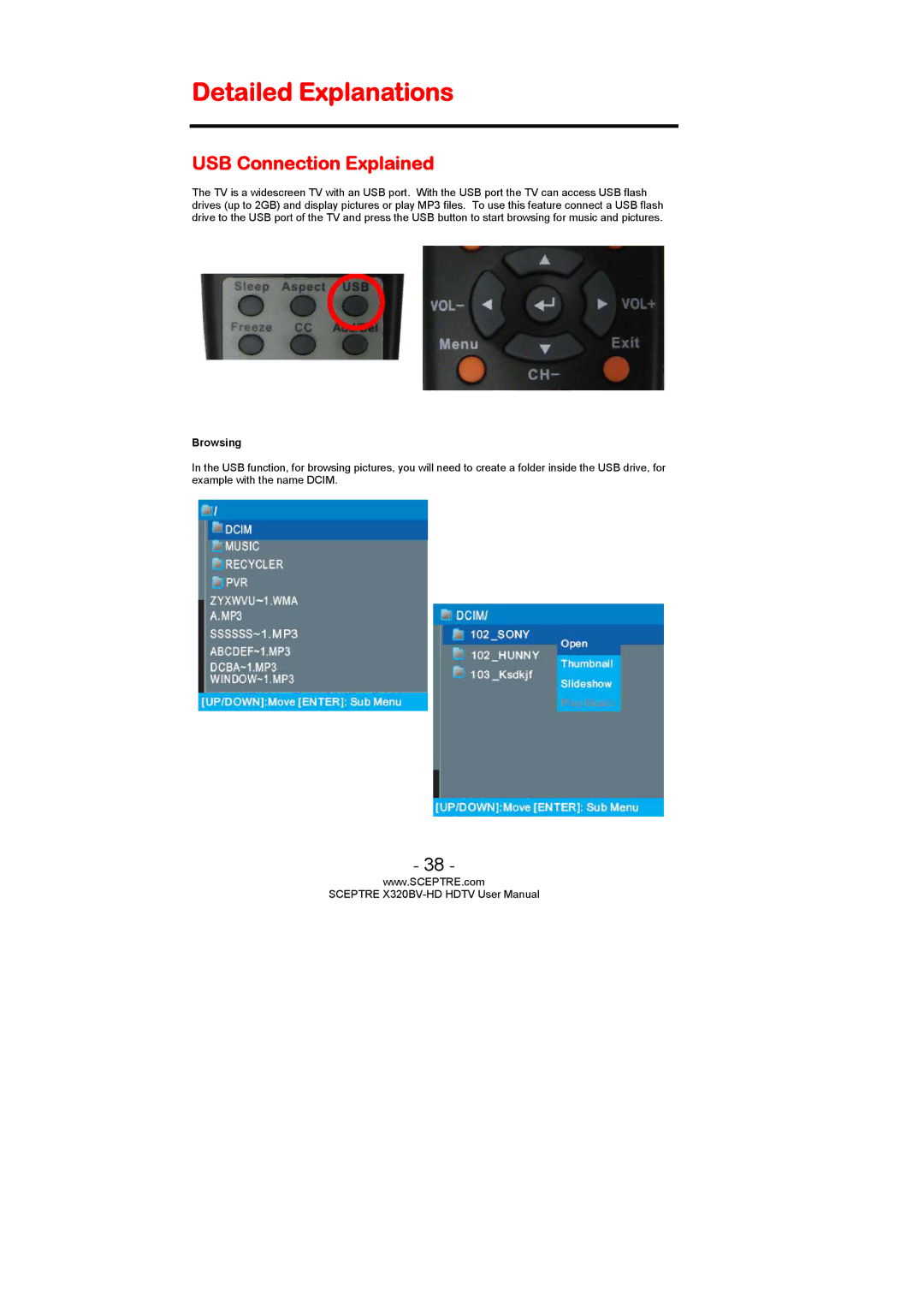 Sceptre Technologies X320BV-HD user manual Detailed Explanations, USB Connection Explained, Browsing 