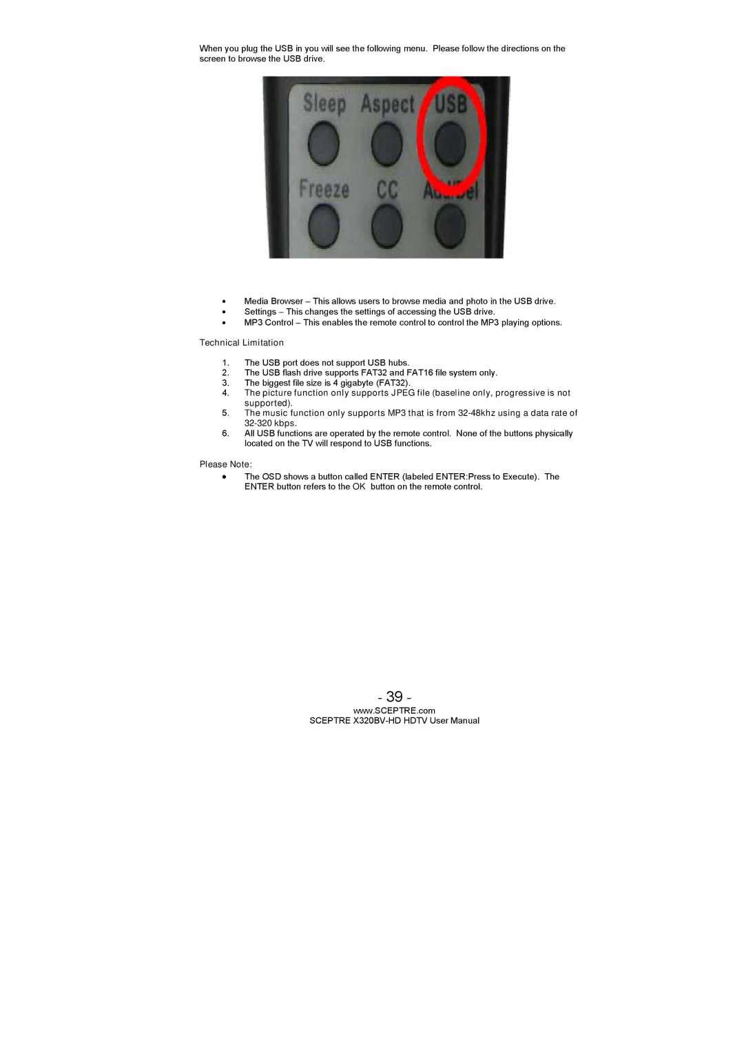 Sceptre Technologies X320BV-HD user manual Technical Limitation, Please Note 