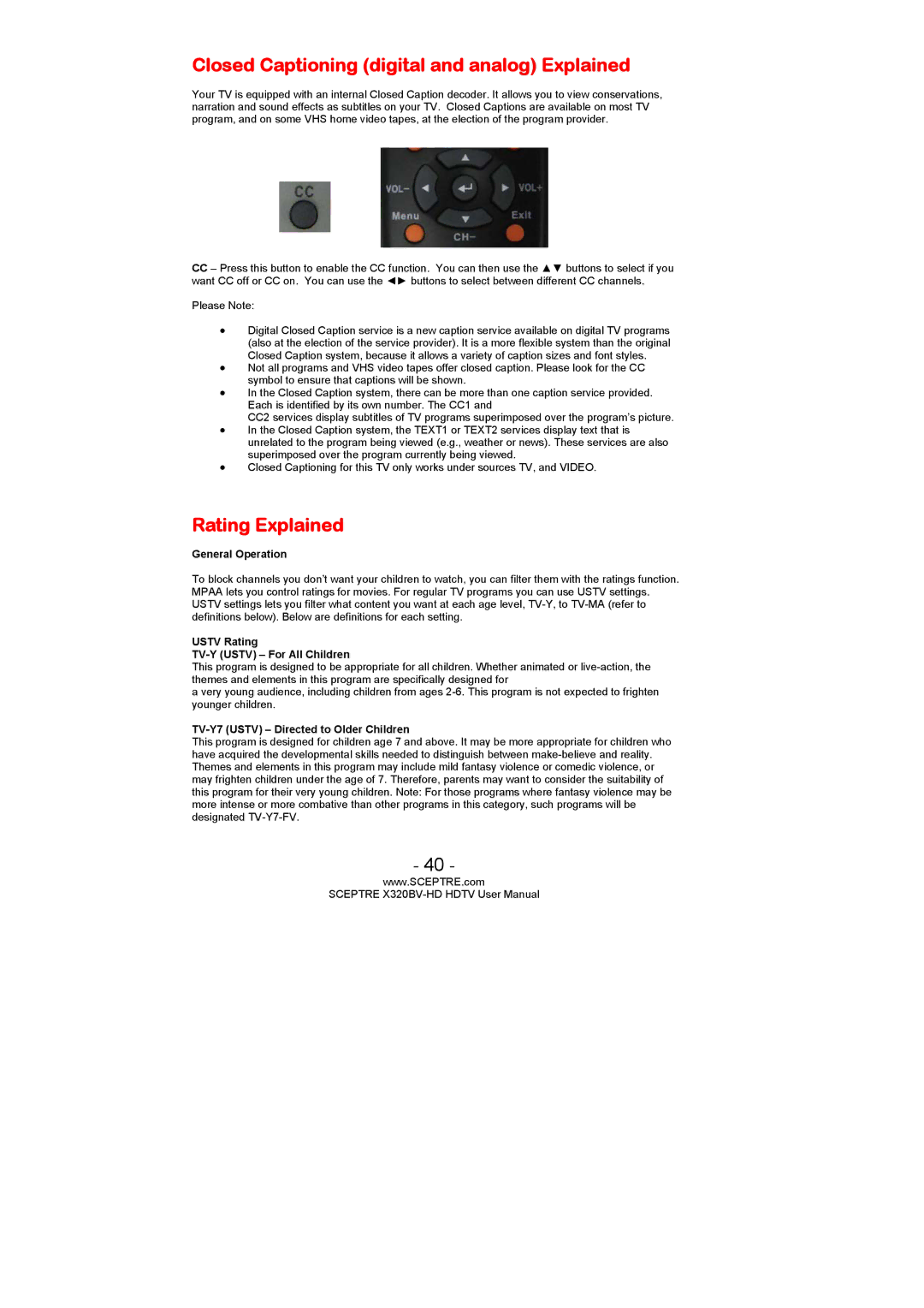 Sceptre Technologies X320BV-HD Closed Captioning digital and analog Explained, Rating Explained, General Operation 