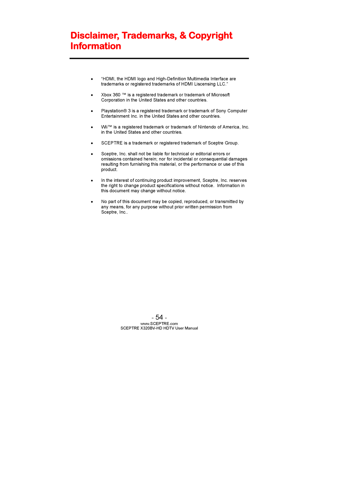 Sceptre Technologies X320BV-HD user manual Disclaimer, Trademarks, & Copyright Information 