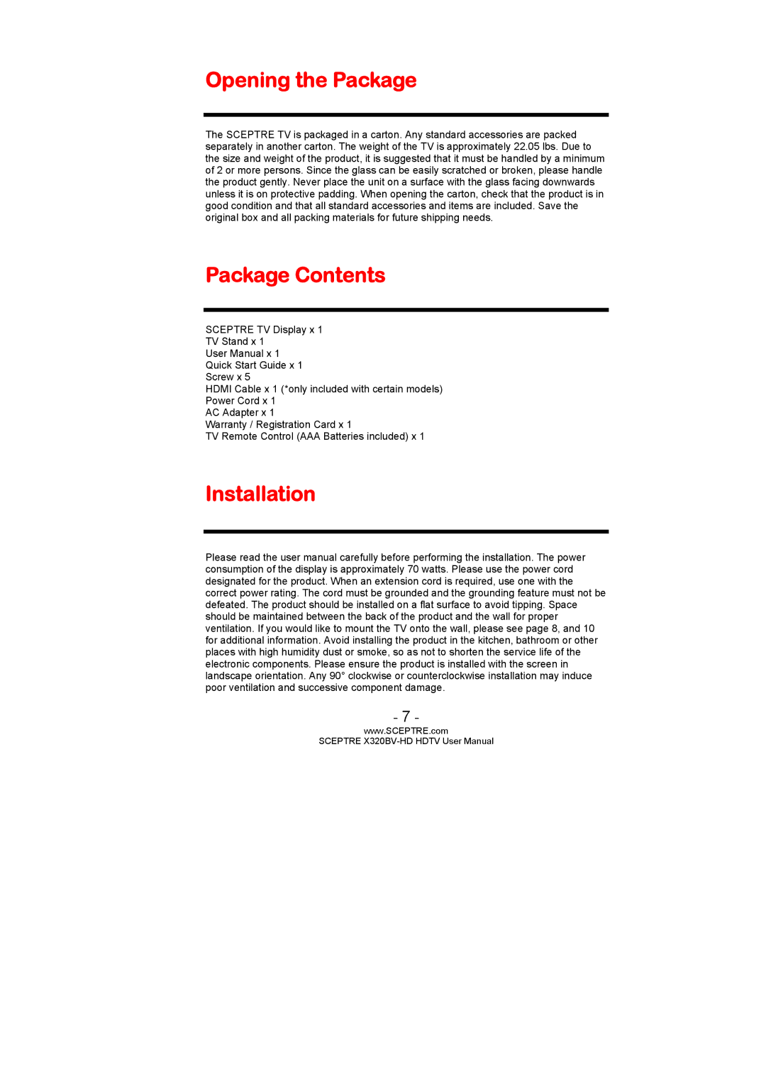 Sceptre Technologies X320BV-HD user manual Opening the Package, Package Contents, Installation 