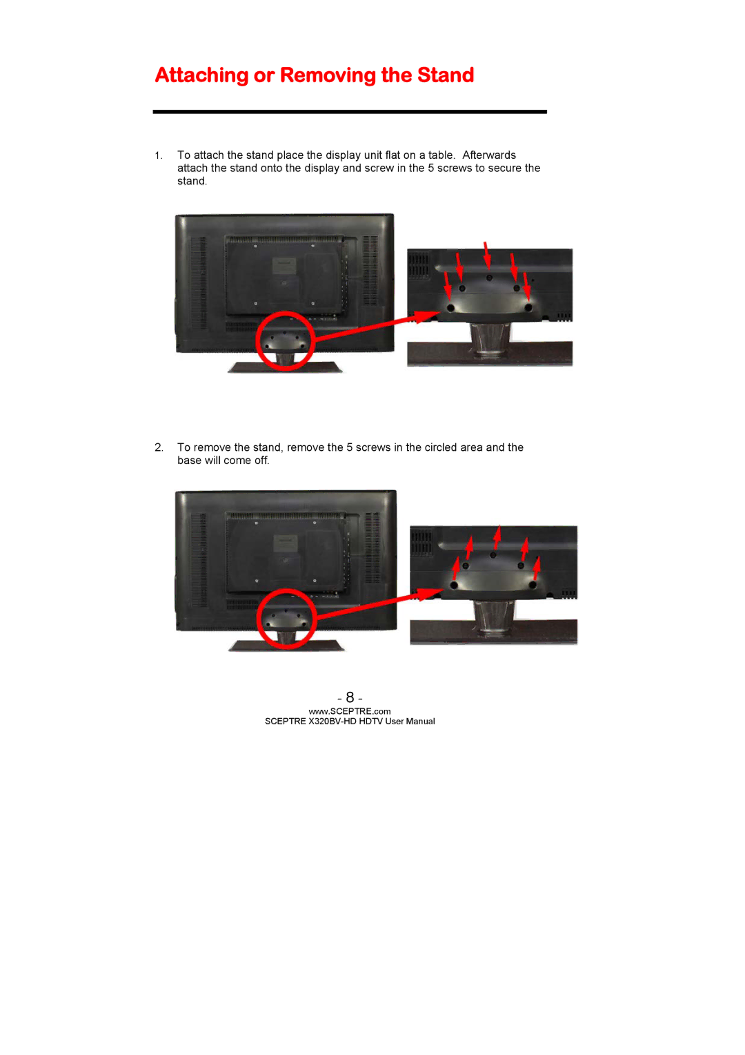 Sceptre Technologies X320BV-HD user manual Attaching or Removing the Stand 