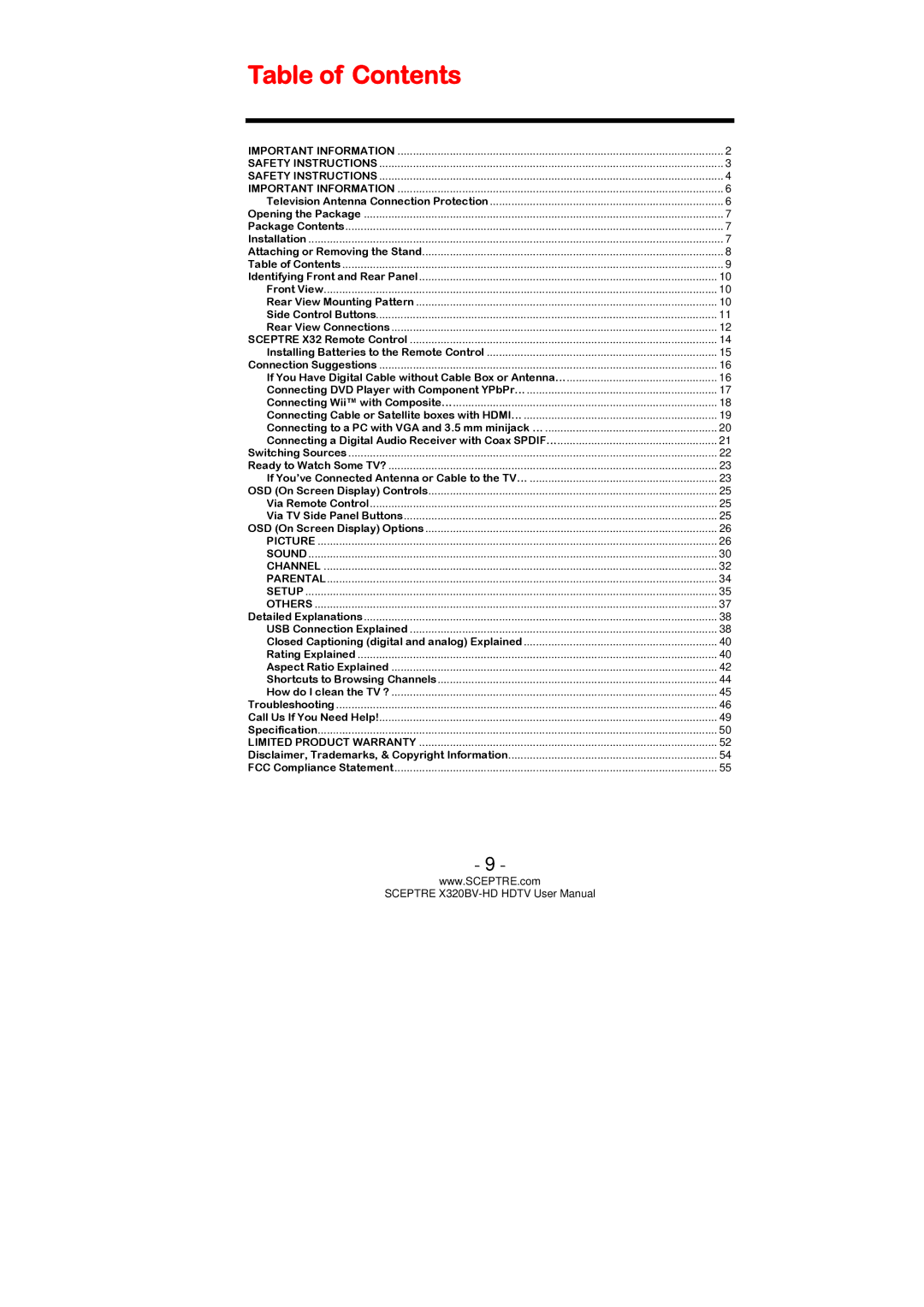 Sceptre Technologies X320BV-HD user manual Table of Contents 