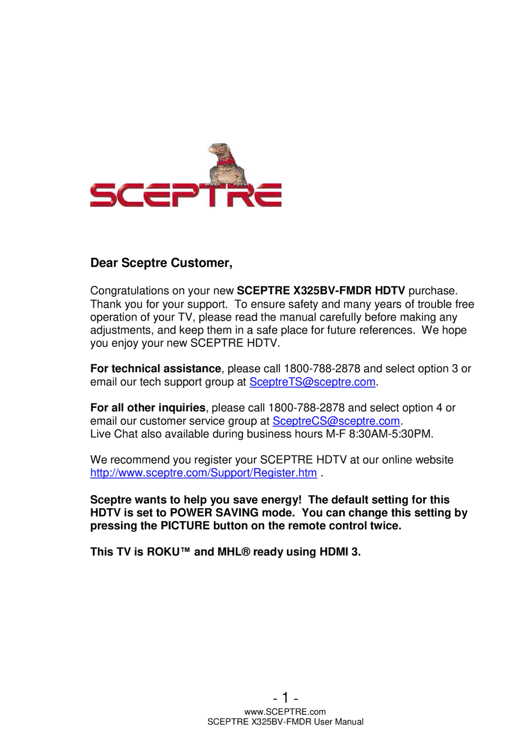 Sceptre Technologies X325BV-FMDR user manual Dear Sceptre Customer 