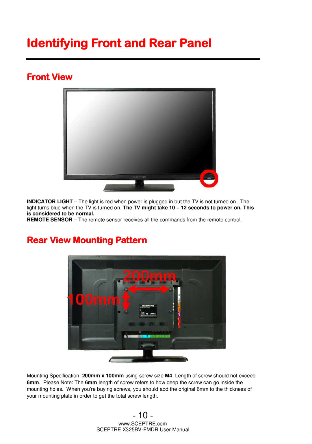 Sceptre Technologies X325BV-FMDR user manual Identifying Front and Rear Panel, Front View, Rear View Mounting Pattern 