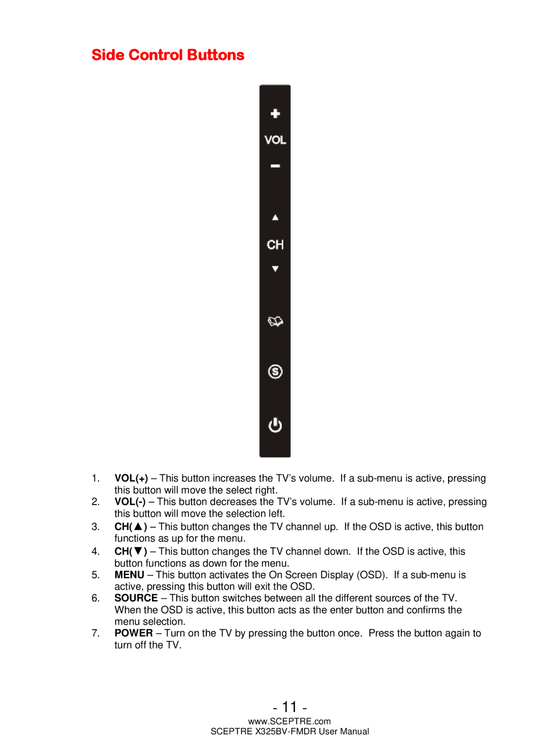 Sceptre Technologies X325BV-FMDR user manual Side Control Buttons 