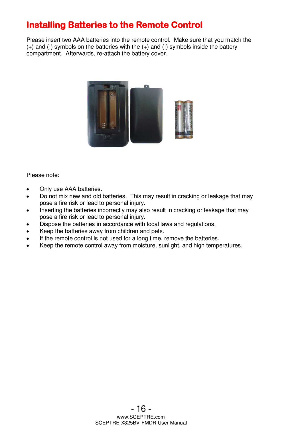 Sceptre Technologies X325BV-FMDR user manual Installing Batteries to the Remote Control 