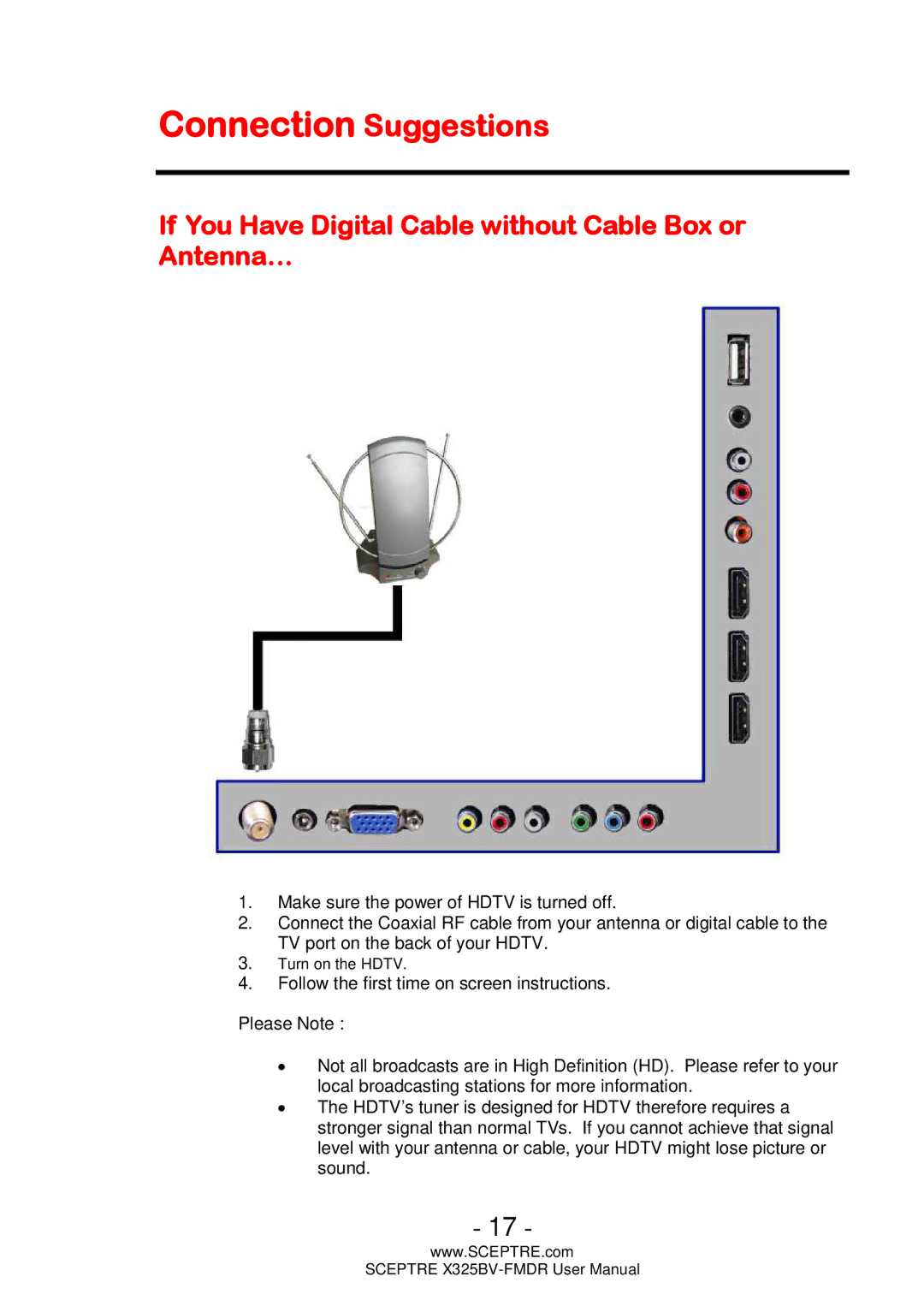 Sceptre Technologies X325BV-FMDR Connection Suggestions, If You Have Digital Cable without Cable Box or Antenna… 