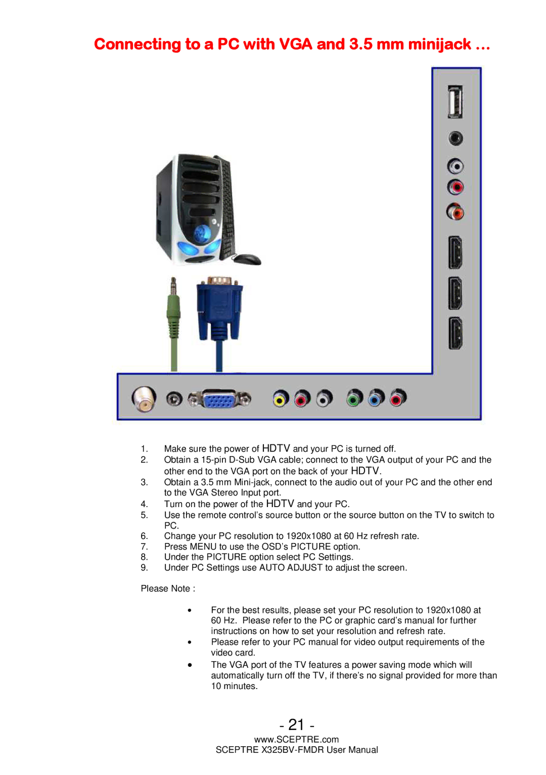 Sceptre Technologies X325BV-FMDR user manual Connecting to a PC with VGA and 3.5 mm minijack … 