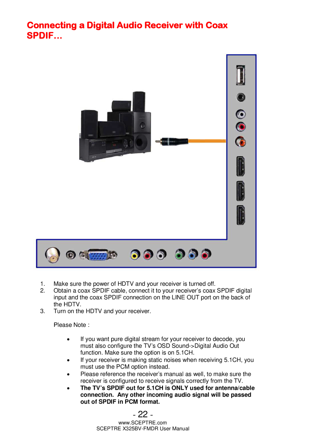 Sceptre Technologies X325BV-FMDR user manual Connecting a Digital Audio Receiver with Coax, Spdif… 