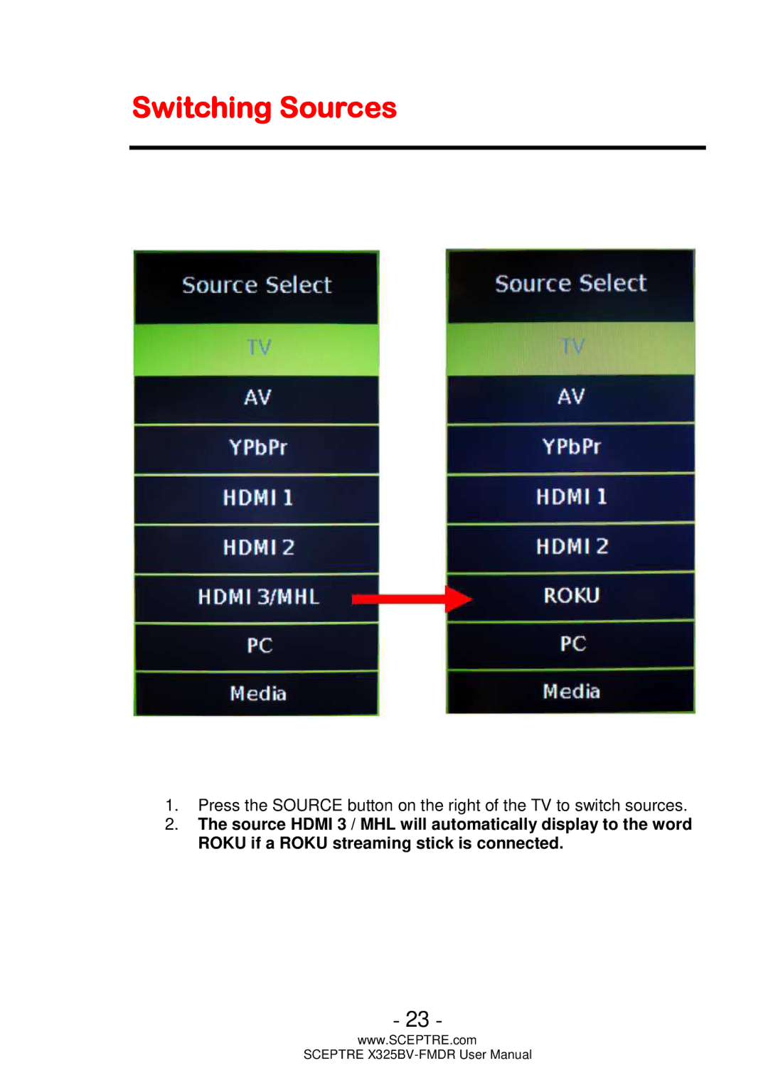 Sceptre Technologies X325BV-FMDR user manual Switching Sources 