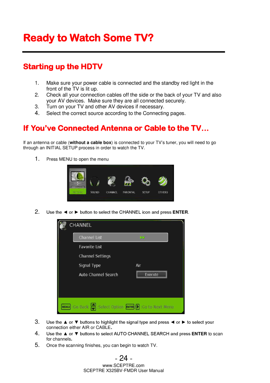 Sceptre Technologies X325BV-FMDR user manual Ready to Watch Some TV?, Starting up the Hdtv 