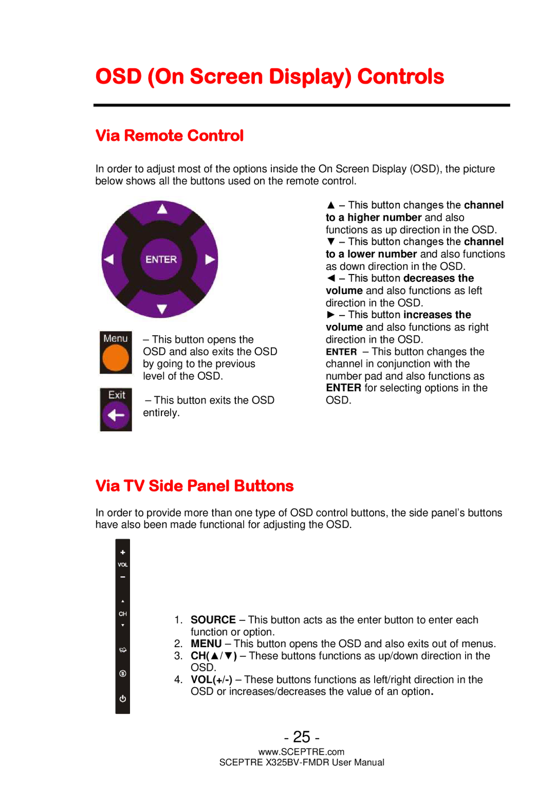 Sceptre Technologies X325BV-FMDR user manual OSD On Screen Display Controls, Via Remote Control, Via TV Side Panel Buttons 