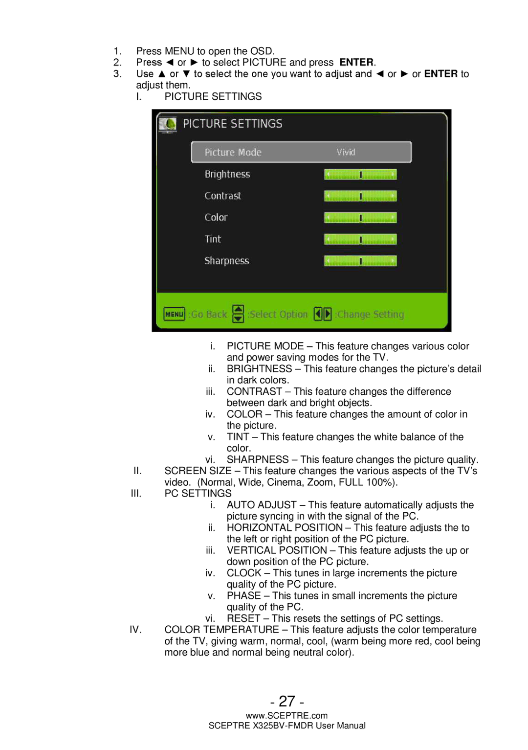 Sceptre Technologies X325BV-FMDR user manual Picture Settings 