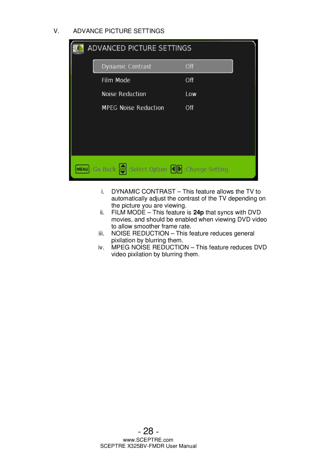 Sceptre Technologies X325BV-FMDR user manual Advance Picture Settings 