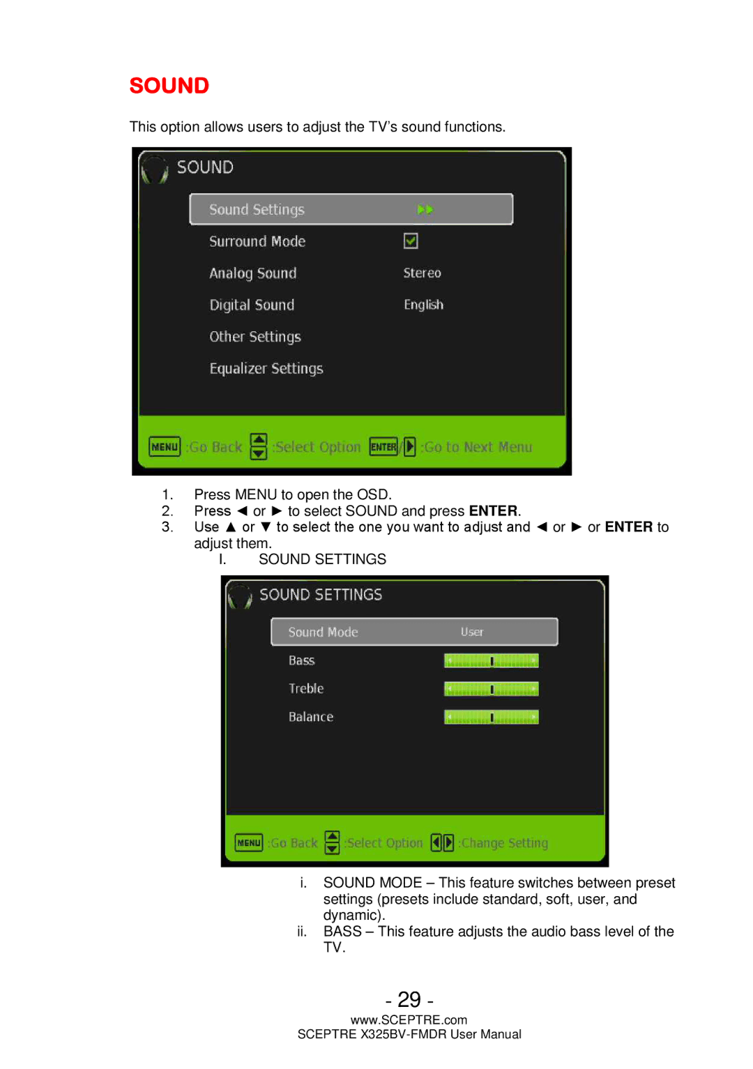 Sceptre Technologies X325BV-FMDR user manual Sound Settings 