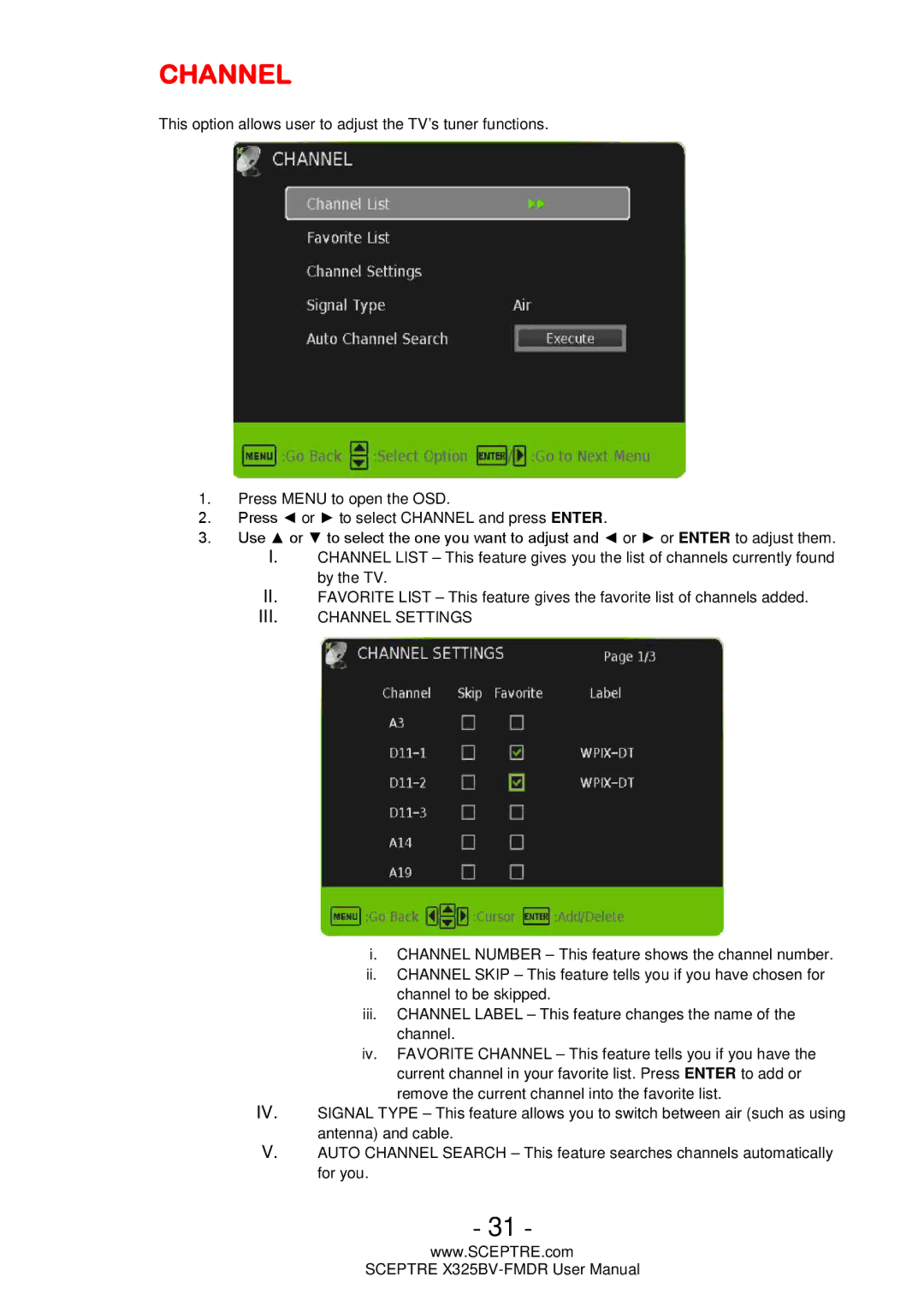 Sceptre Technologies X325BV-FMDR user manual III. Channel Settings 