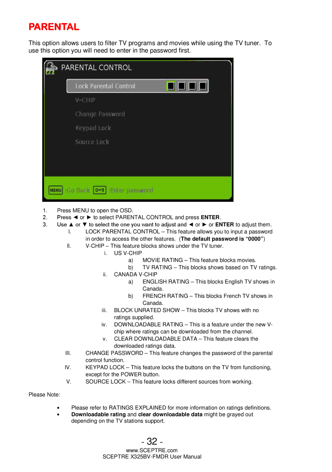 Sceptre Technologies X325BV-FMDR user manual Parental 