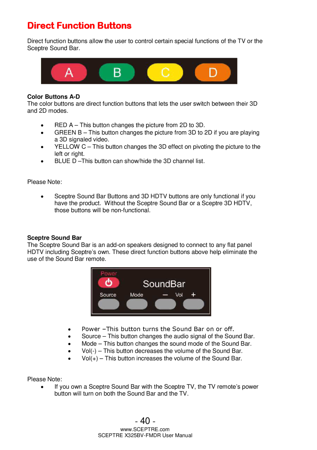 Sceptre Technologies X325BV-FMDR user manual Direct Function Buttons, Color Buttons A-D 