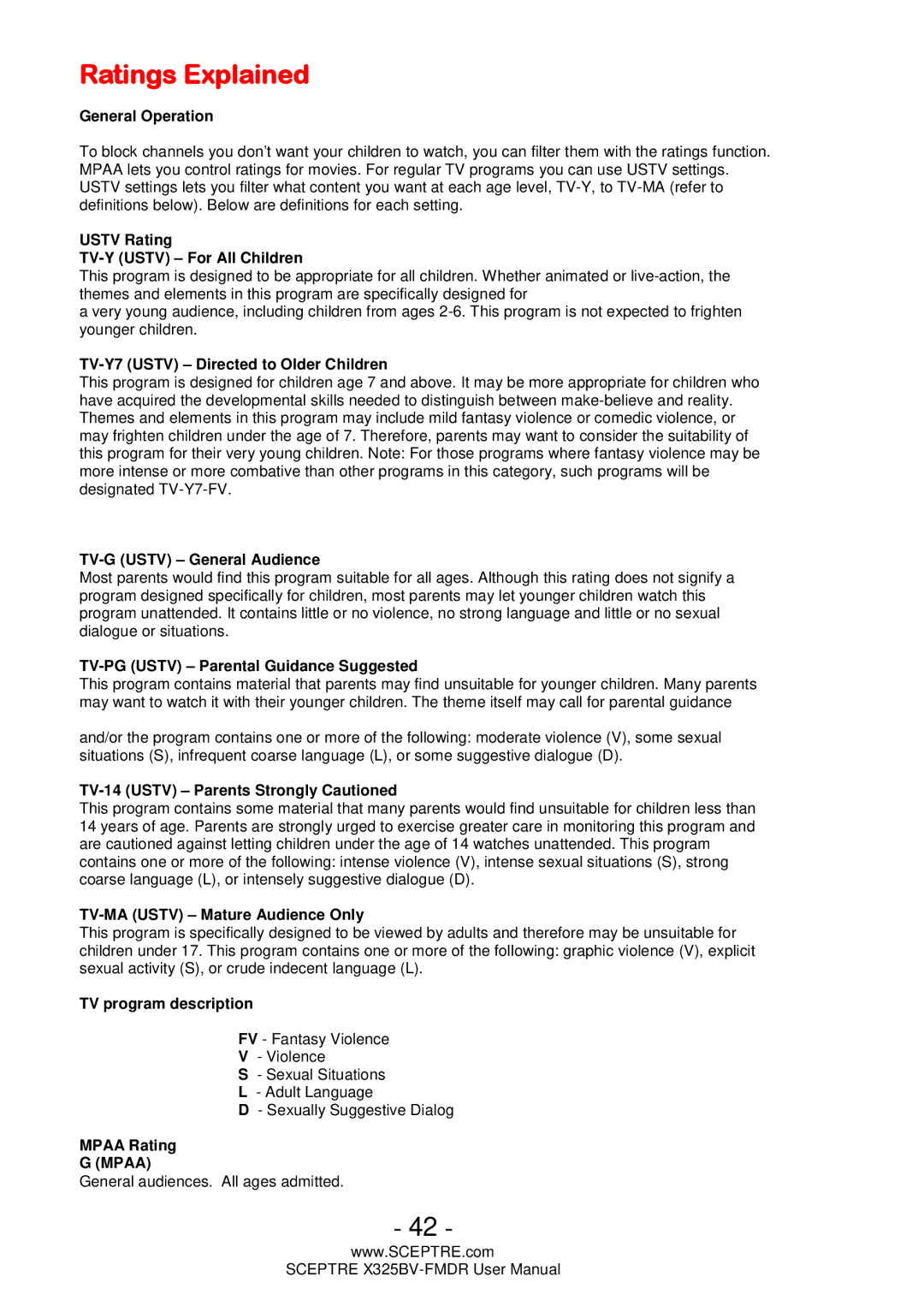 Sceptre Technologies X325BV-FMDR user manual Ratings Explained, General Operation 