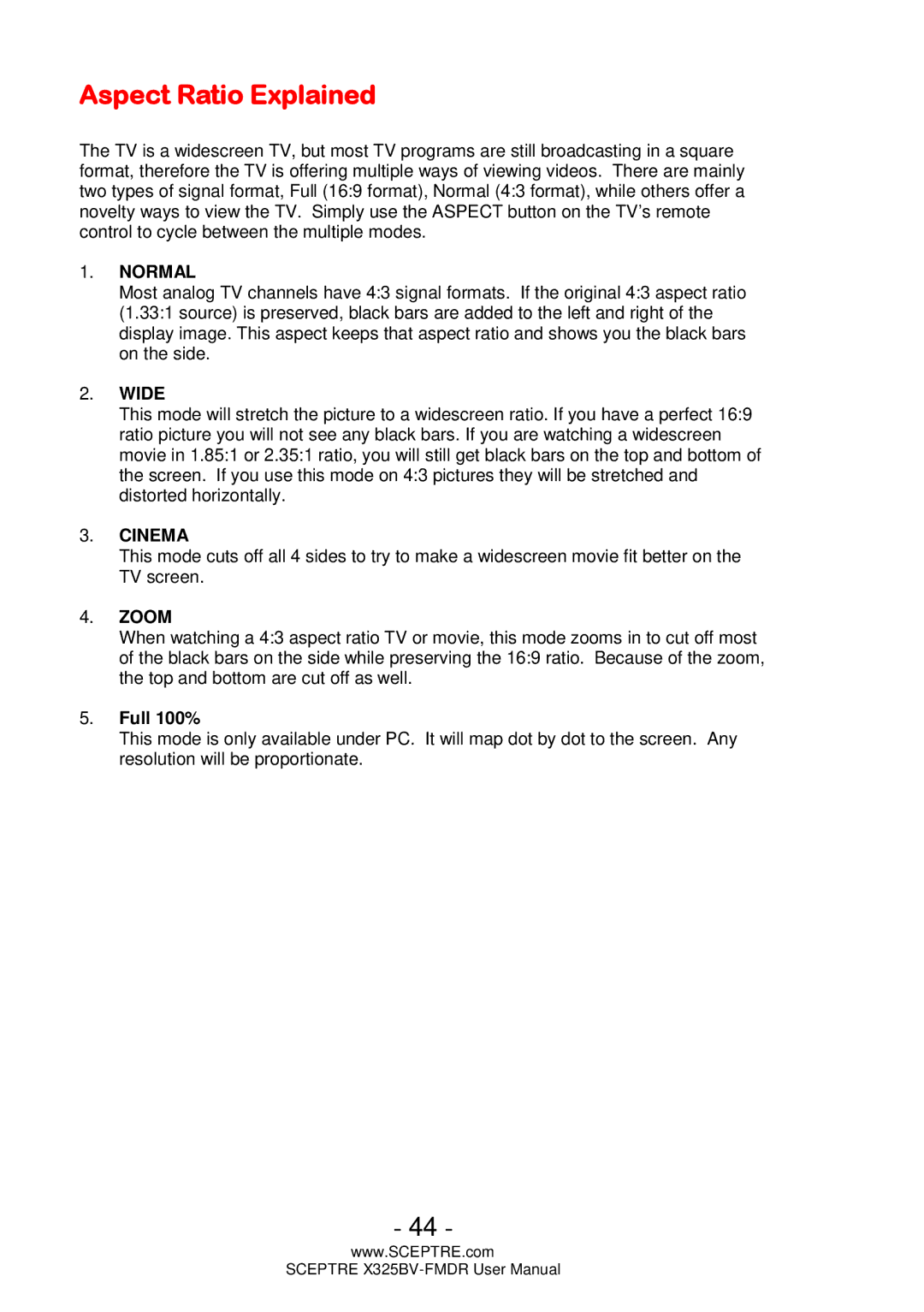 Sceptre Technologies X325BV-FMDR user manual Aspect Ratio Explained, Normal 