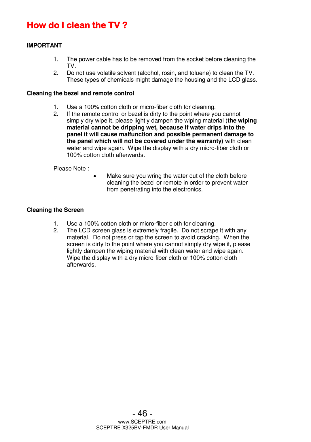 Sceptre Technologies X325BV-FMDR user manual How do I clean the TV ?, Cleaning the bezel and remote control 