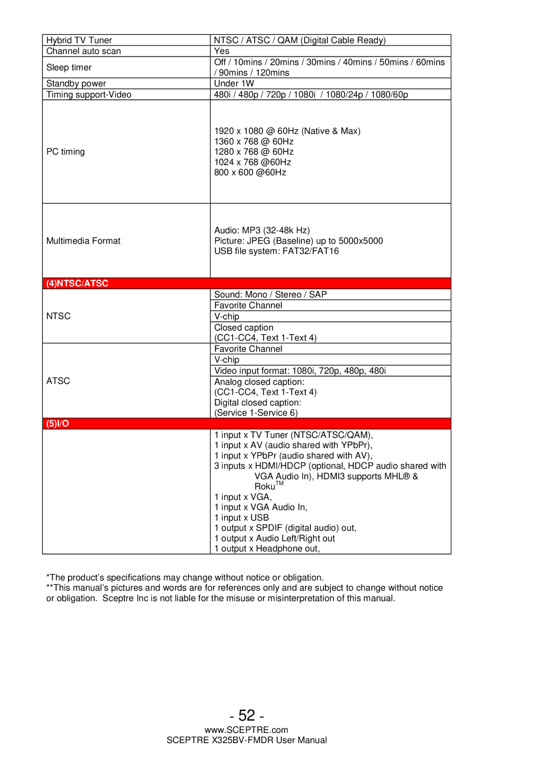 Sceptre Technologies X325BV-FMDR user manual 4NTSC/ATSC 