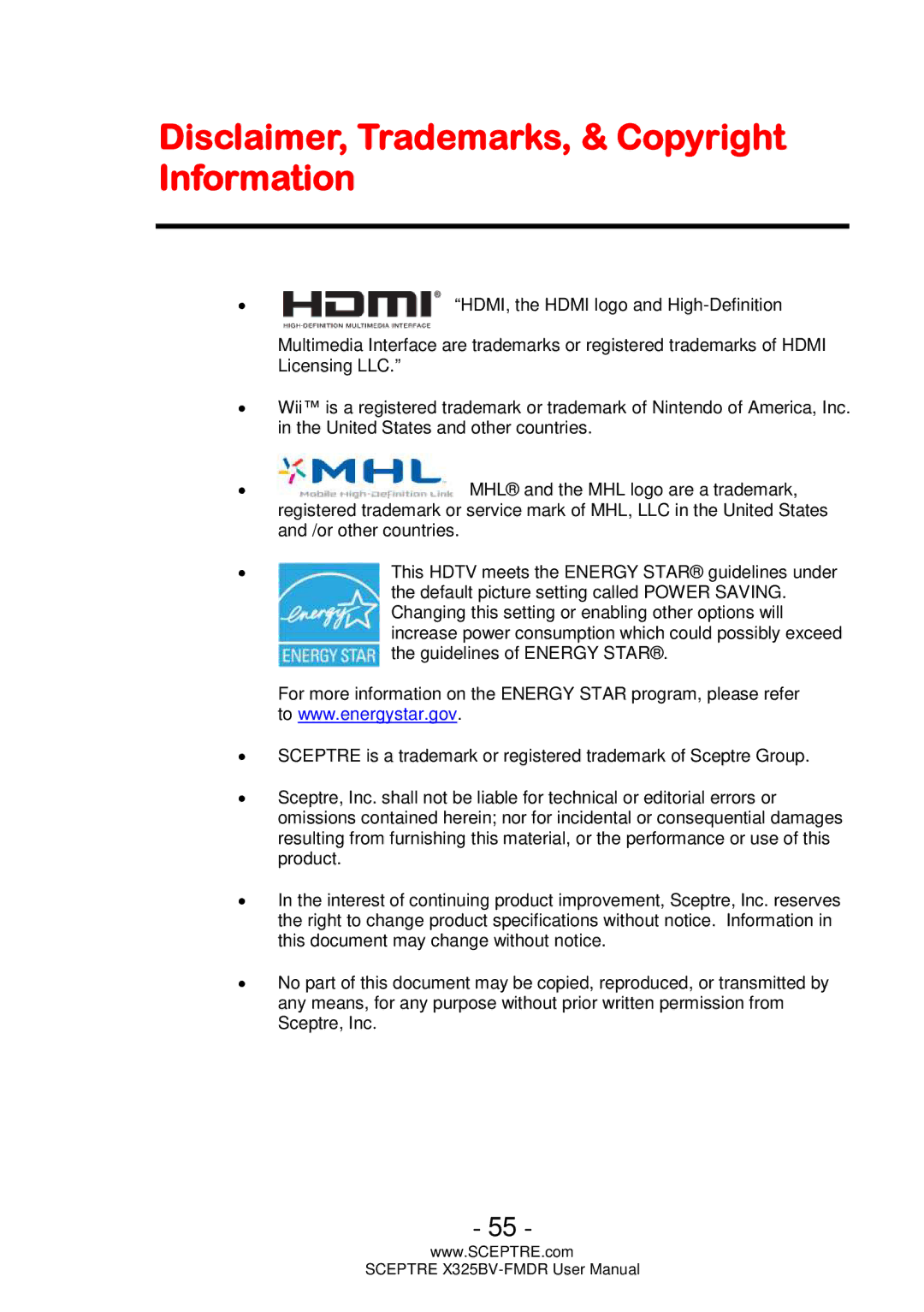 Sceptre Technologies X325BV-FMDR user manual Disclaimer, Trademarks, & Copyright Information 